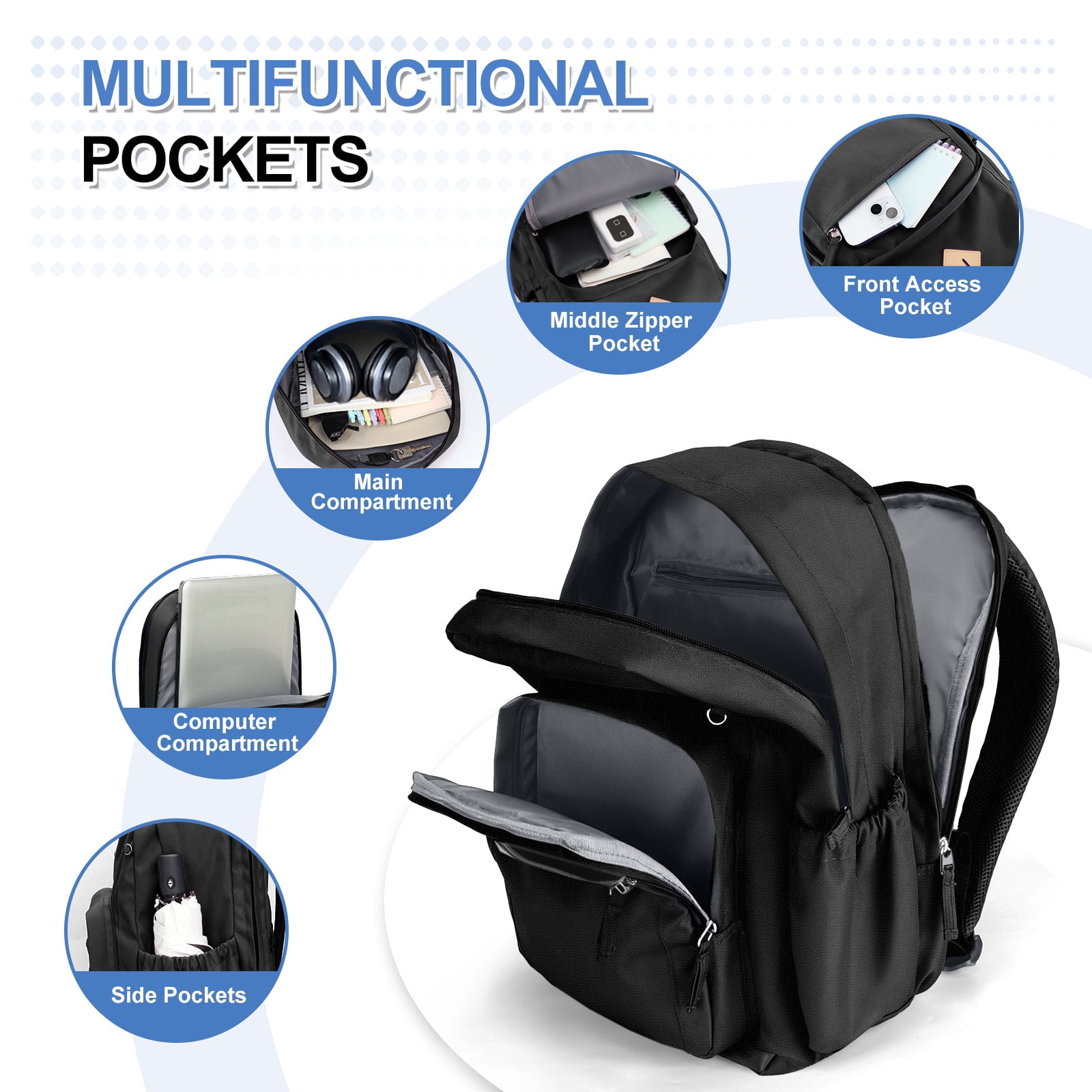 DAKIMOE Travel Backpack for Women Men Laptop Backpack with Computer Compartment Waterproof Large Capacity Wear Resistant Scratch-proof for Travel College Bussiness School, Black