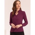 thumbnail image 3 of Camisa abotonada elegante Allegra K con cuello alto y escote En V recortado, primavera, mujer, Rojo púrpura, XS, 3 of 5