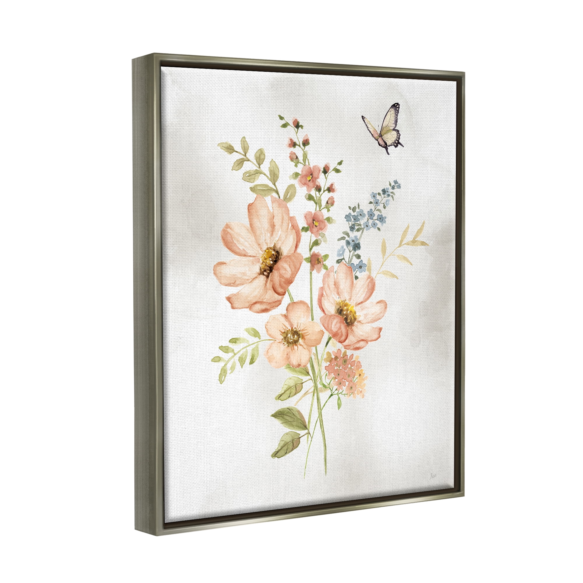 Stupell Industries Pink Daisies & Butterfly Botanical & Floral Painting Gray Floater Framed Canvas Art Print Wall Art, 25 x 31