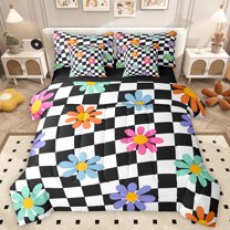 Manfei Groovy Daisy Flower Bedding Comforter Set 7pcs, White Black Plaid King Bedding Sets, Teens Kids Boys Girls Reversible Bed Sheets, Luxury Bedroom Decor