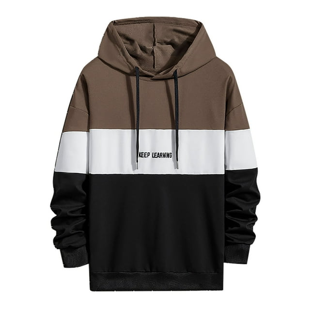 BXINGOHAI Mens Hoodies Sweatshirt Fleece Sweatshirts Color Block Pullover Shirts Fall Winter Long Sleeve Tops With Kangaroo Pocket Drawstring Fall Savings Coffee,XL