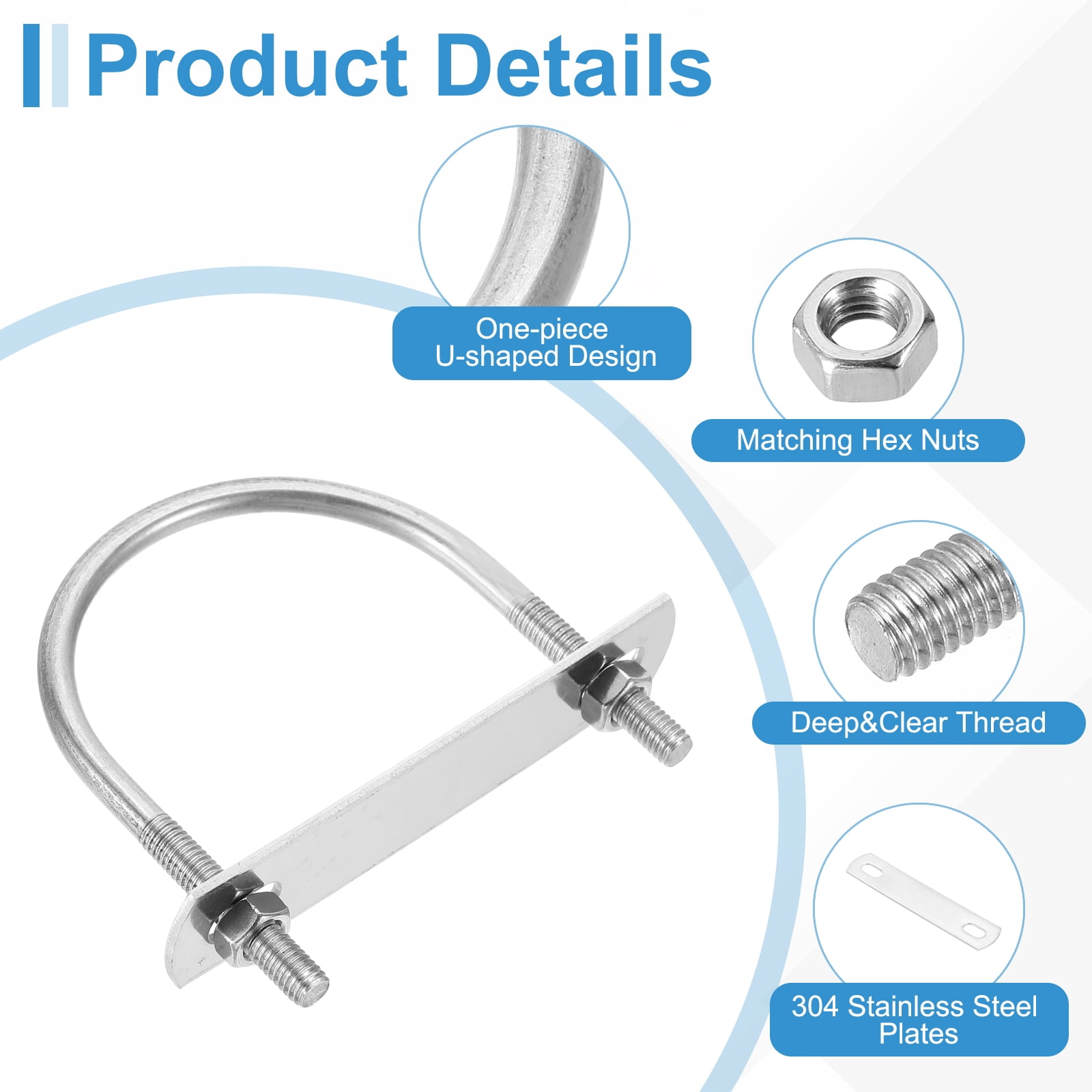 8 Sets M6 Round U-Bolts 60mm Inner Width 77mm Length U-Clamp Bolt