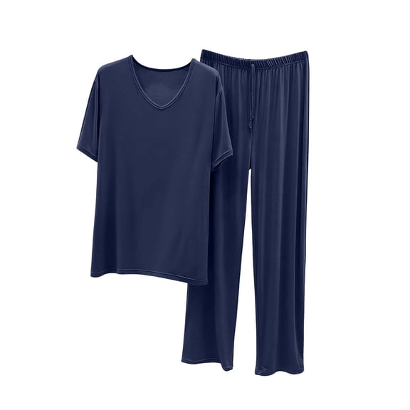 Akafmk Men's Pajama Set V Neck Short Sleeve Top with Long Pants Solid Color Loungewear for Summer 2 Piece