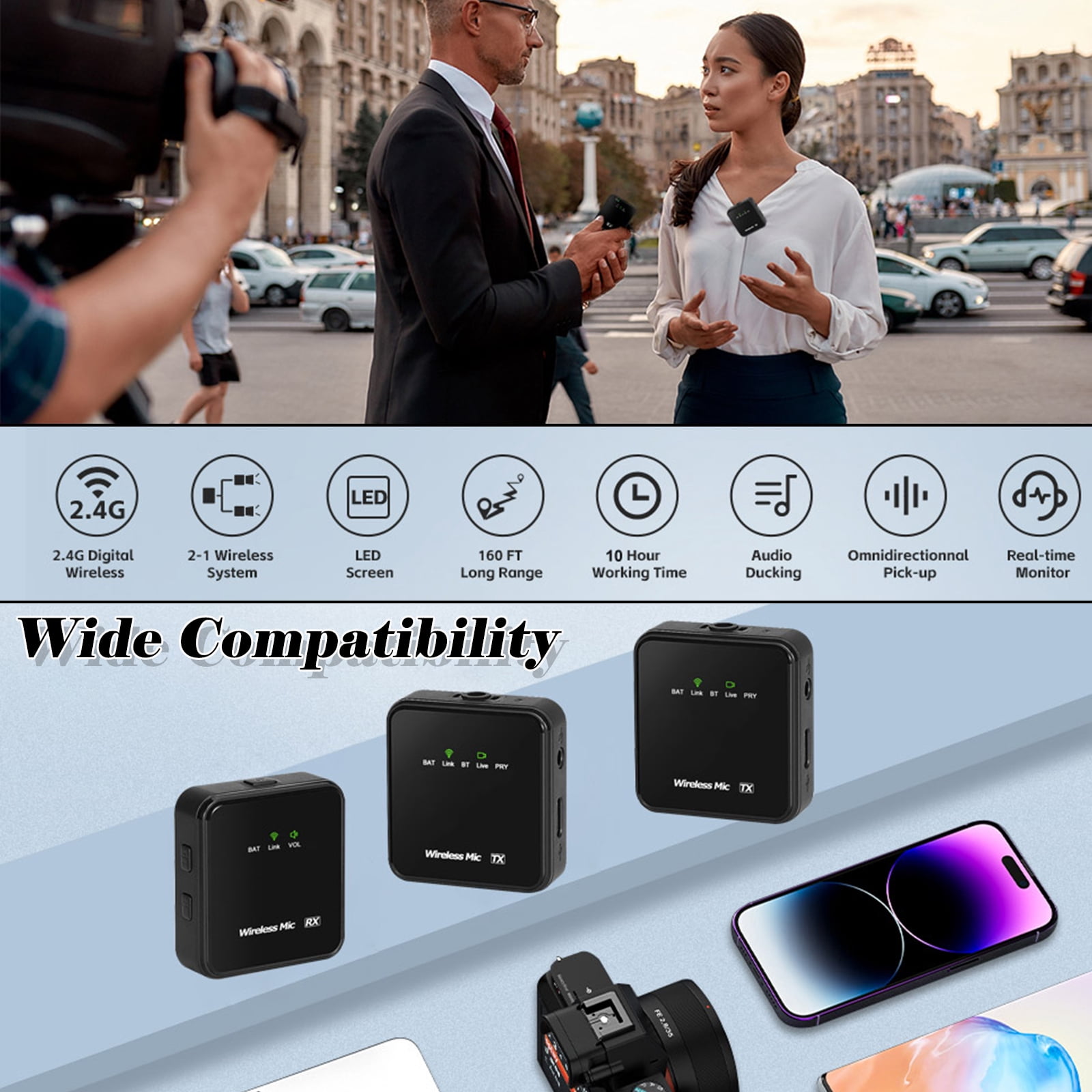 RONY 160ft Camera Microphones: Dual Wireless Lavalier Lapel Mini Mic Compatible with iPhone Camera Android Laptop