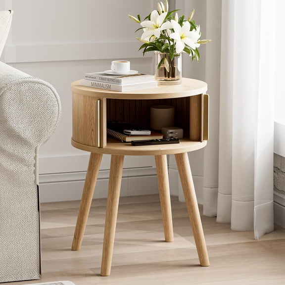 Side Table with Sliding Door & Cabinet, End Table for Living Room, Night Stand for Bedroom, Modern Bedside Table with Solid Wood Legs