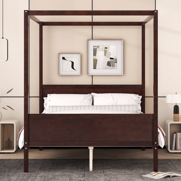 Queen Size Canopy Platform Bed with Headboard & Footboard - Espresso - Bed Frame