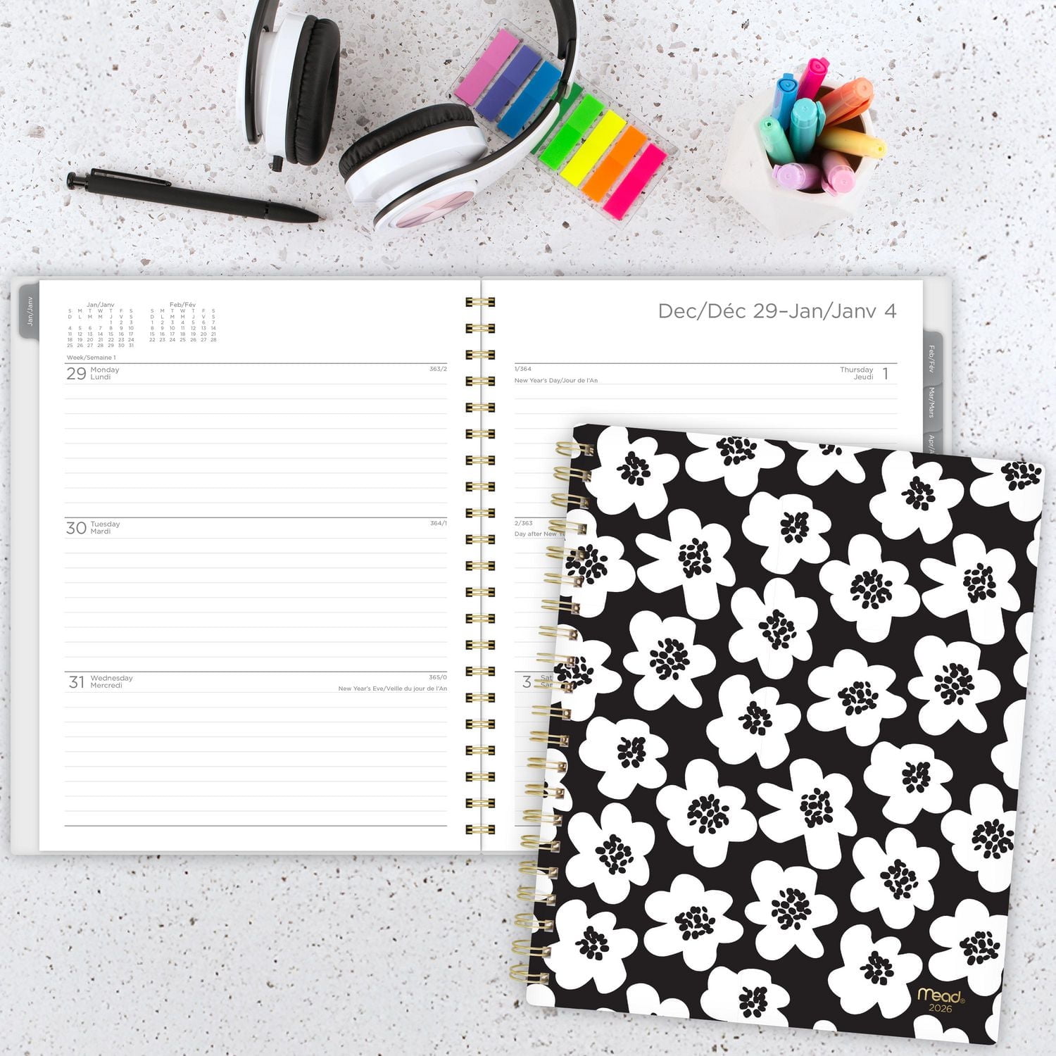 Agenda hebdomadaire Mead® B&W Buttercup 2026, grand format, couverture transparente en poly