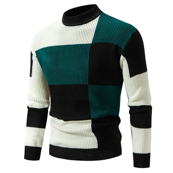 Men's Patchwork Sweaters Loose Fit Crewneck Color Block Cable Knit Pullovers Long Sleeve Jumper Tops Black XXL