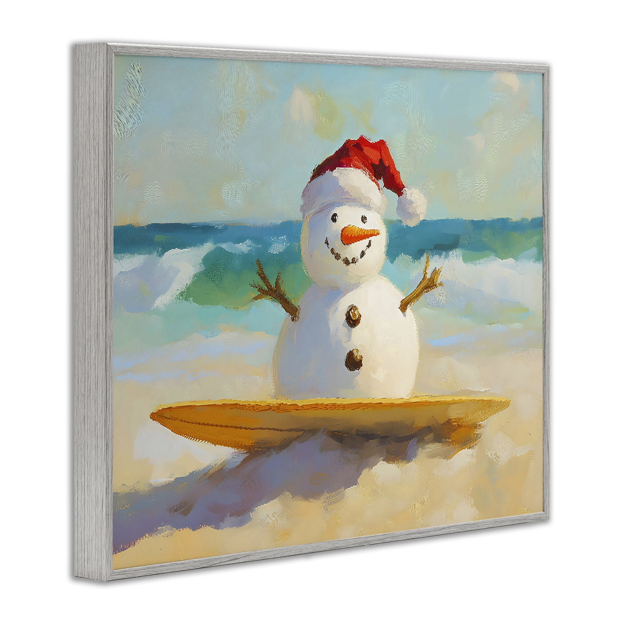 Stupell Industries Surfer Snowman on Beach Gray Framed Giclee Art, design by The Prints Vibe
