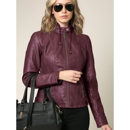 Made by Johnny Women's Faux Leather Quilted Motorcycle Jacket with Hoodie S WINE