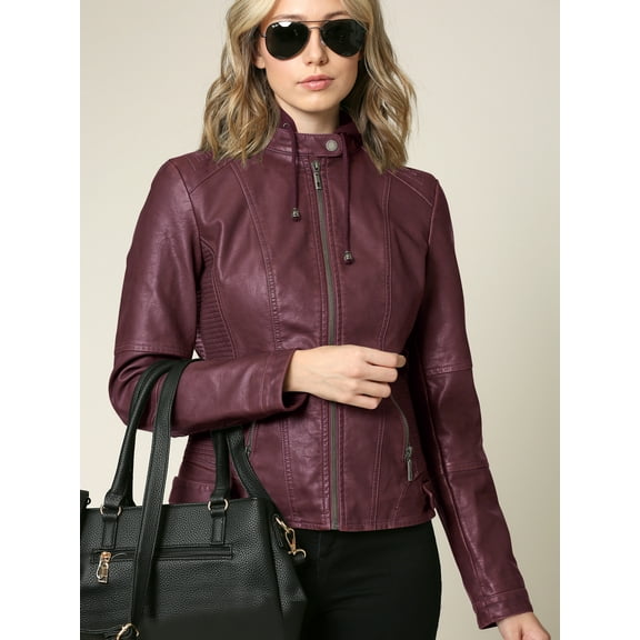 Made by Johnny Women's Faux Leather Quilted Motorcycle Jacket with Hoodie XL WINE