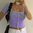 thumbnail image 2 of Arvbitana Women Ribbed Crop Tops Short Sleeve Square Collar Pearls Button Pullover Summer Solid Color Expose Navel Shirt Womens Tops, 2 of 2