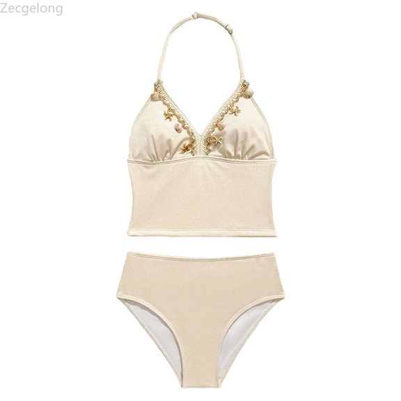 Zecgelong Girls' Bikini For Girls With Neck Two Piece Swimwear With Metallic Trim And Triangle Top Beach Approved Swim Beige Size 10-11 Years