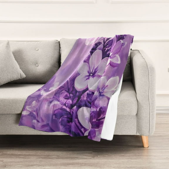 White Flowers and Purple Leaves Throw Blanket 60" x 90" Soft and Warm Blankets for Couch Sofa and Bed