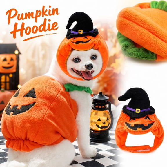 Halloween Pumpkin Dog Costume with Soft Plush Hoodie and Wizard Hat, Cute Pet Apparel for Small Dogs Cats, Fall Party Outfit Dress Up Clothes, 1 Set