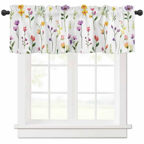 Window Treatment Valance Curtain, Spring Purple Florets Yellow Florets Shade Short Curtain for Kitchen Bathroom Living Room Bedroom Privacy Rod Pocket Drapes 54" W x 18" L 1 Panel