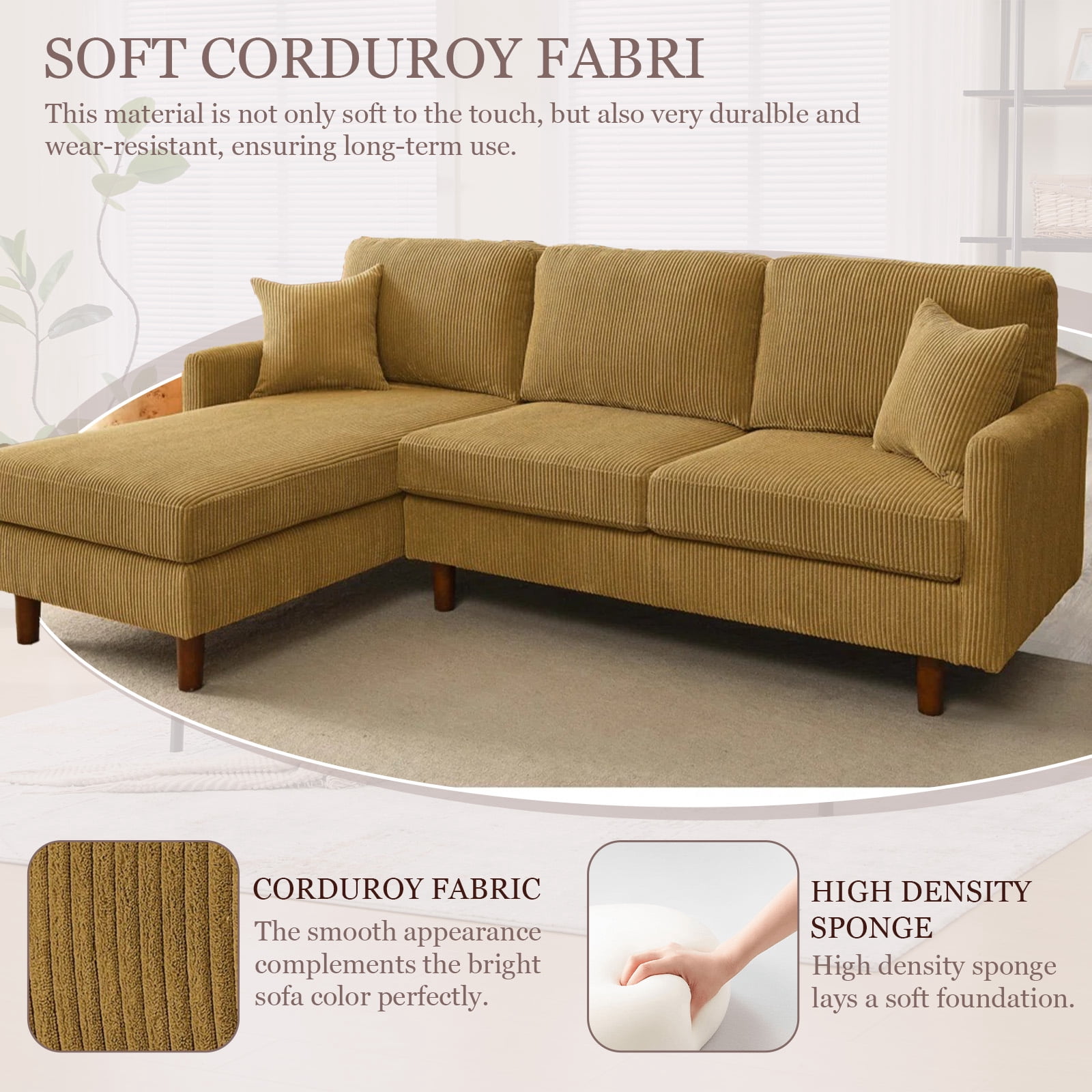 MOONMISS 93" Sectional Sofa , L-Shaped 3-Seat Sofa Couch with Chaise for Livingroom,Yellow