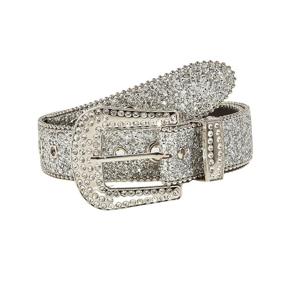 Fashion Women Belt Casual Waistbelt Sparkling Adjustable Bling Jeans Decorative Cowgirl Leather Belt for Party Prom Jeans Men Cool Boy Girl , Argent