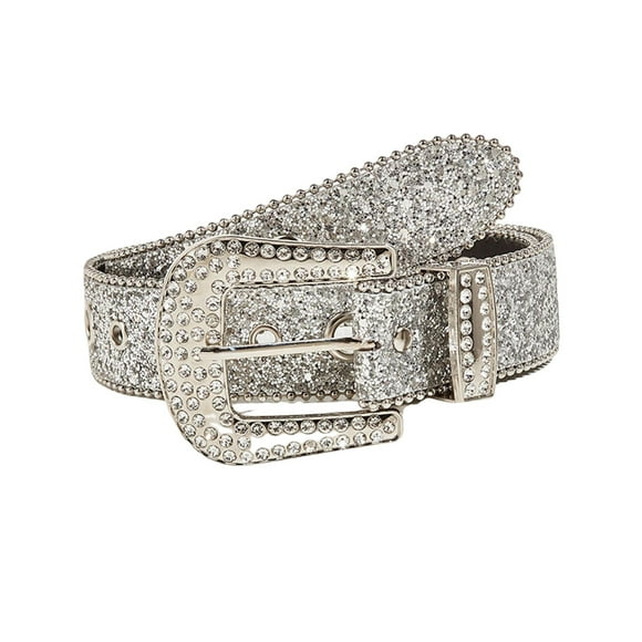 Moda Mujer Cinturón Casual Rhinestone Shinning Bling Cinturón Rock Pin Hebilla Cinturón de cuero para Jeans Pantalones Fiesta Hombres Cool Boy , argén Yinane Cinturón de mujer