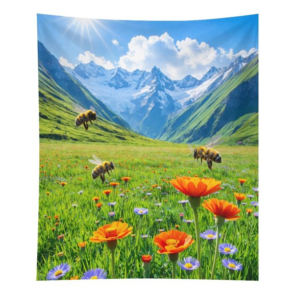 GXFACAI  Buzzing Bees in Mountain Flowers Tapestry in Green Fields, Polyester Printed Wall Hanging, Suitable for Bedroom,Dormitory, and Living Room, Aesthetic Home Decoration for Adults and Families