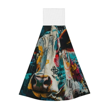 

Disketp Colorful Graffiti Cow Hanging Kitchen Towel Tie Towels Tea Bar Dish Cloths Dry Towel for Laundry Room Decor (18*14in)
