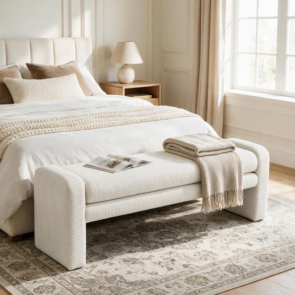 Finmind 55" Solid Wood End of Bed Bench with Cushion for Bedroom, Modern Upholstered Entryway Bench for Living Room, Hallway, White