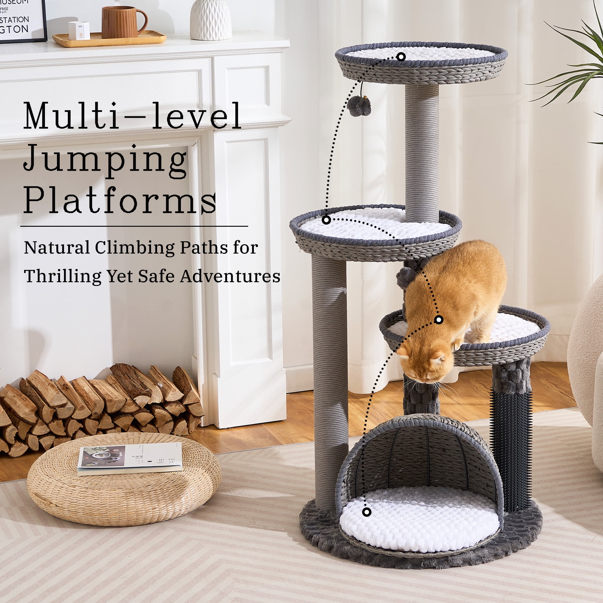 Wood Modern Cat Tree for Large Cat, 46" Tall Cat Tower with Sisal Scratching Posts, Cat Condo, Aesthetic Multi-Level Cat Climbing Tree with Hand-Woven Bed for Adult Indoor Cats-Blue