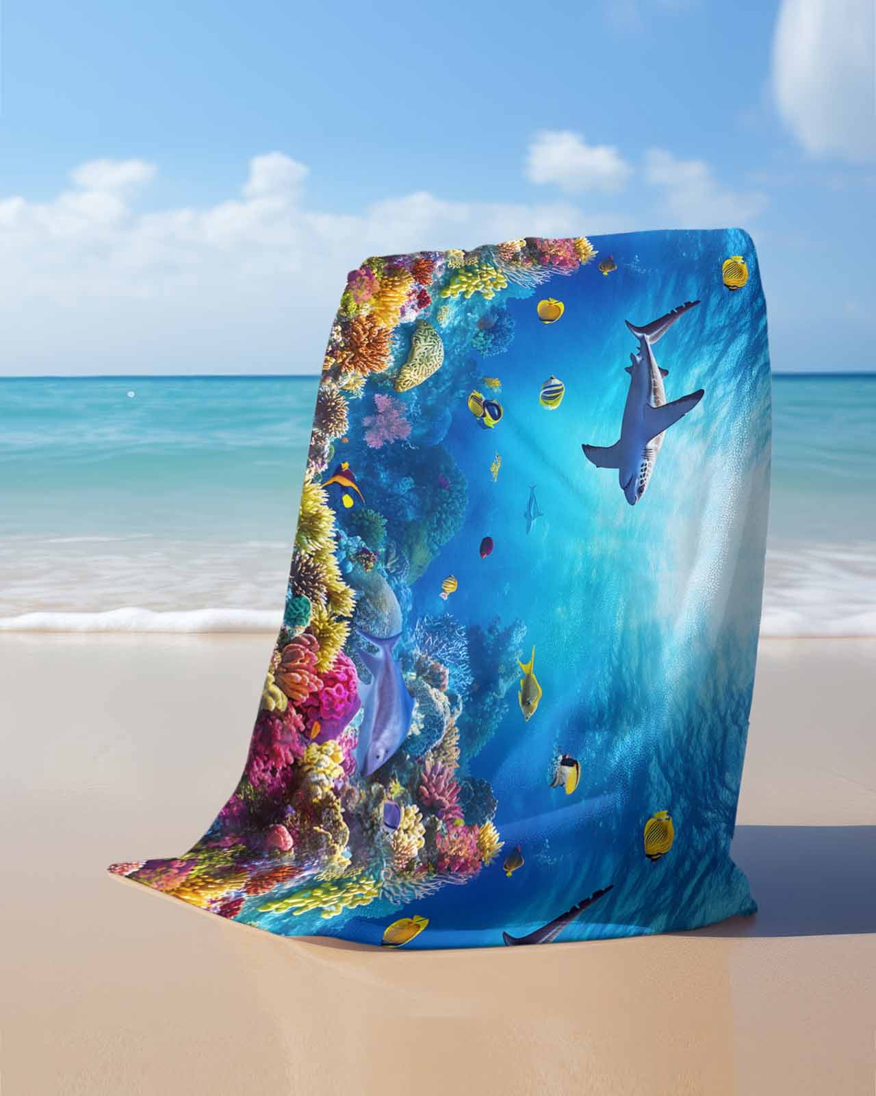 Shark Beach Towels Oversized Super Absorbent, Blue Ocean Underwater Animal Coral Tropical Fish Lightweight Bath Towel Quick Dry Sets For Bathroom/Pool/Rv Camping/Beach Play/Gym Room/Picnic 23"x47"