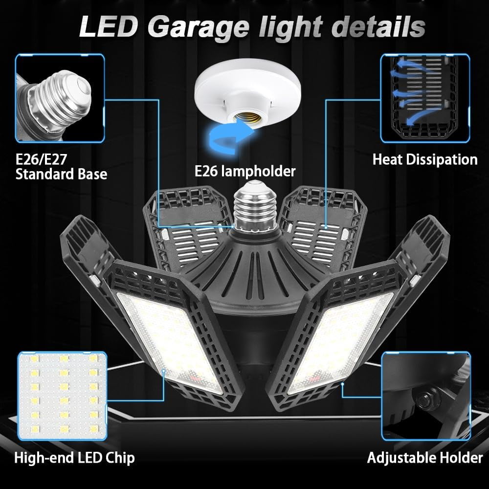 Jaspertronics 2 Pack LED Adjustable 6 Leaf Garage Light 200W 8000 Lumen 6500K Deformable 6+1 Panels E26/E27 Screw-In Ceiling 2 Unit per pack