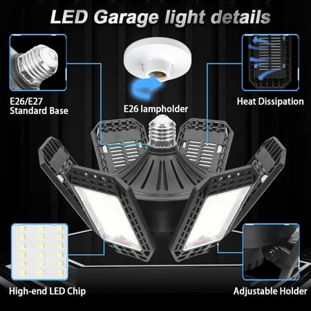 TRHOO-2 Pack Garage Light, 200W 20000LM 6500K LED Shop Lights, Garage Lights Ceiling Led with 6+1 Deformable Panels, Screw in E26/E27 Socket Bulb for Warehouse, Workshop, Basement, Barn Lighting