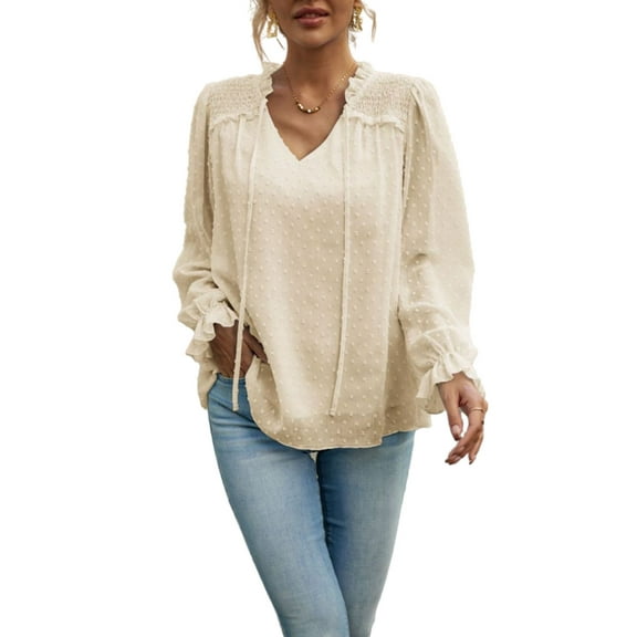 Ruffle Tie Neck Swiss Dot Long Sleeve Light Blouse for Women Beige Small