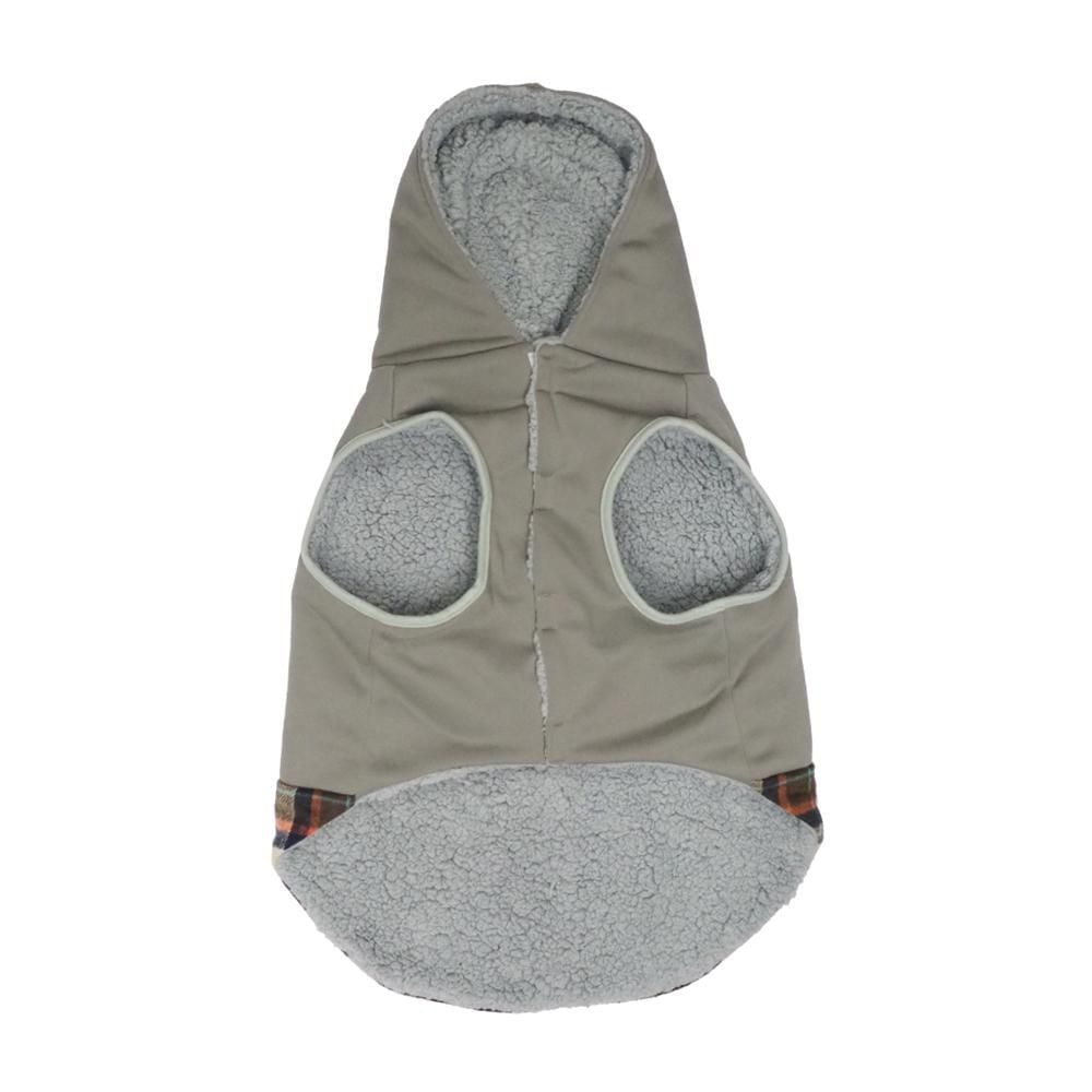 Holiday Time Vêtements pour chiens : Veste à capuche pour l'automne et l'hiver, gris et tartan avec faux boutons, taille XS-XL