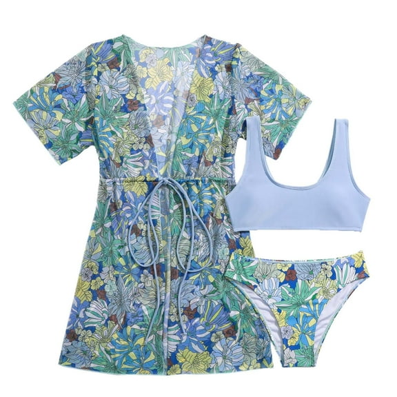 Odeerbi 8-14 Years Kids Girls Summer Beach Bikini with Kimono Cover Up Set Hawaiian Swimsuit Floral Beachwear Short Sleeve Swimwear Bathing Suit Three-piece Set