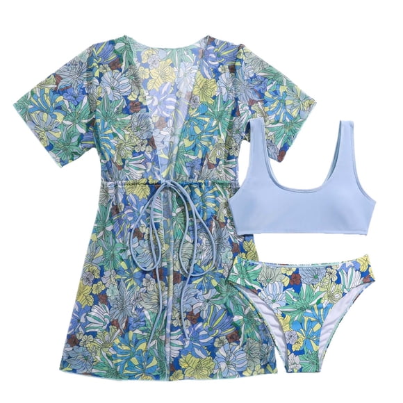 Odeerbi 8-14 Años Bikini de Playa de Verano Para Niñas Con Kimono Bañador Hawaiano Bañador Floral Bañador de Manga Corta Bañador de Tres Mangas Juego de Una Pieza