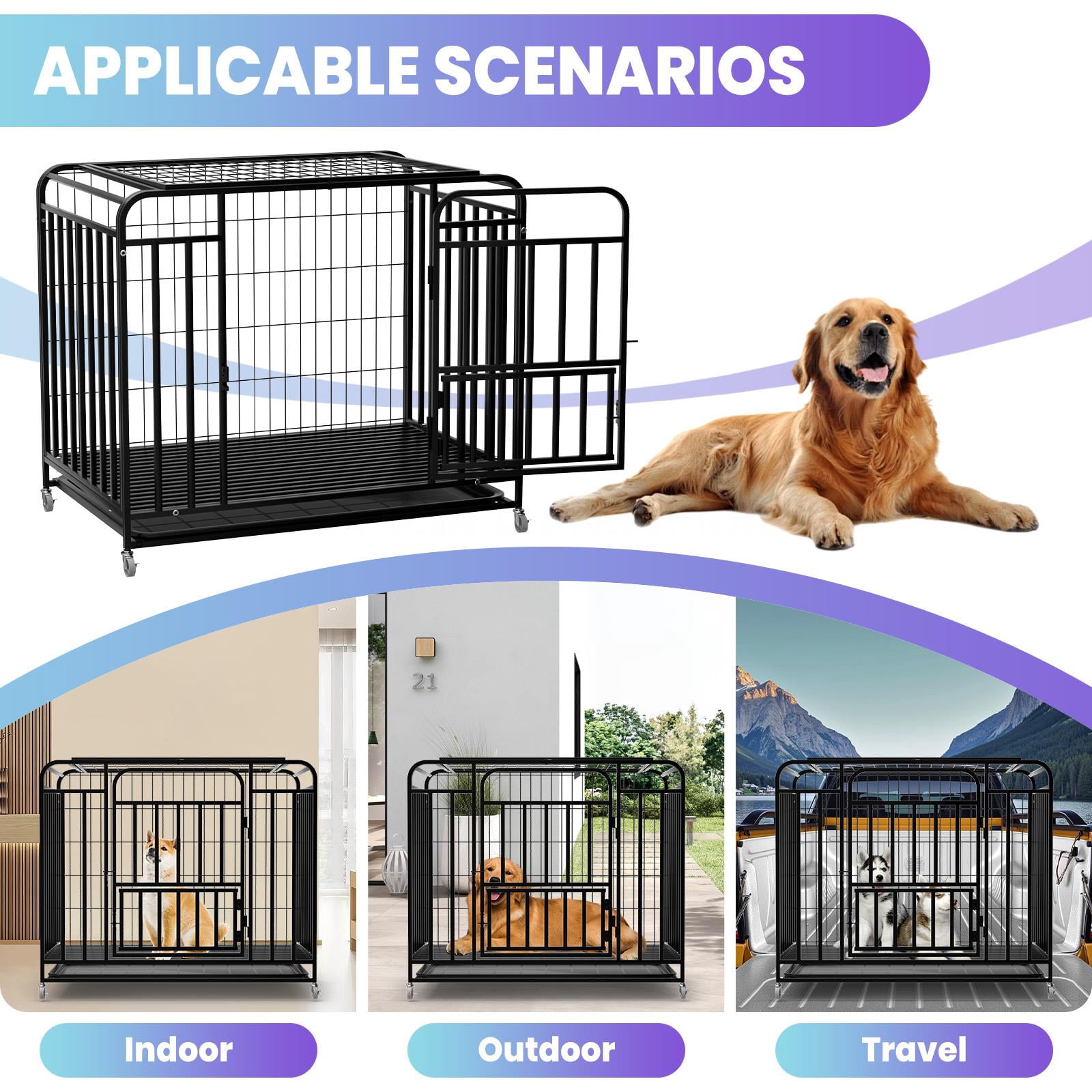 Tanfengu Dog Cage with Locking Wheels, 36.4in Black Alloy Steel Dog Crate, Top & Side Door Kennel for Small Medium Dogs, Indoor Outdoor
