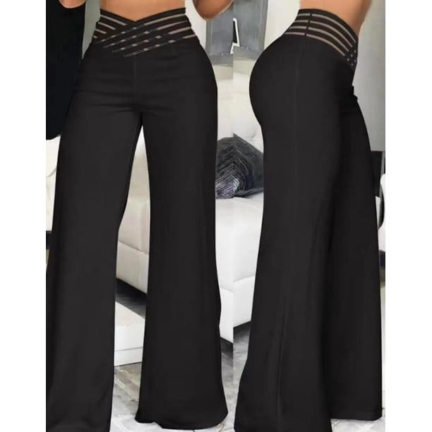 Women Wide Leg Flared Pants Autumn Casual Crisscross Sheer Mesh Patch High Waist Trousers Y2k Streetwear Elegant Work Pant