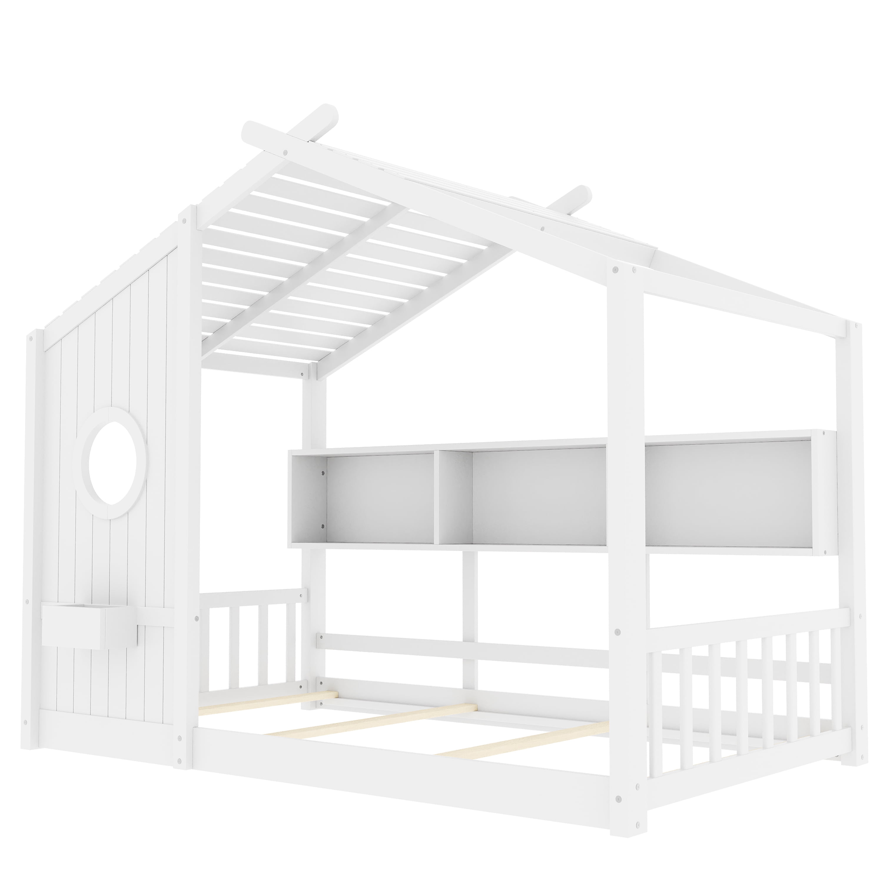 Euroco Wood Twin Size House Bed with Cabinets, Floor Bed with Roof Design and Storage Shelves, White