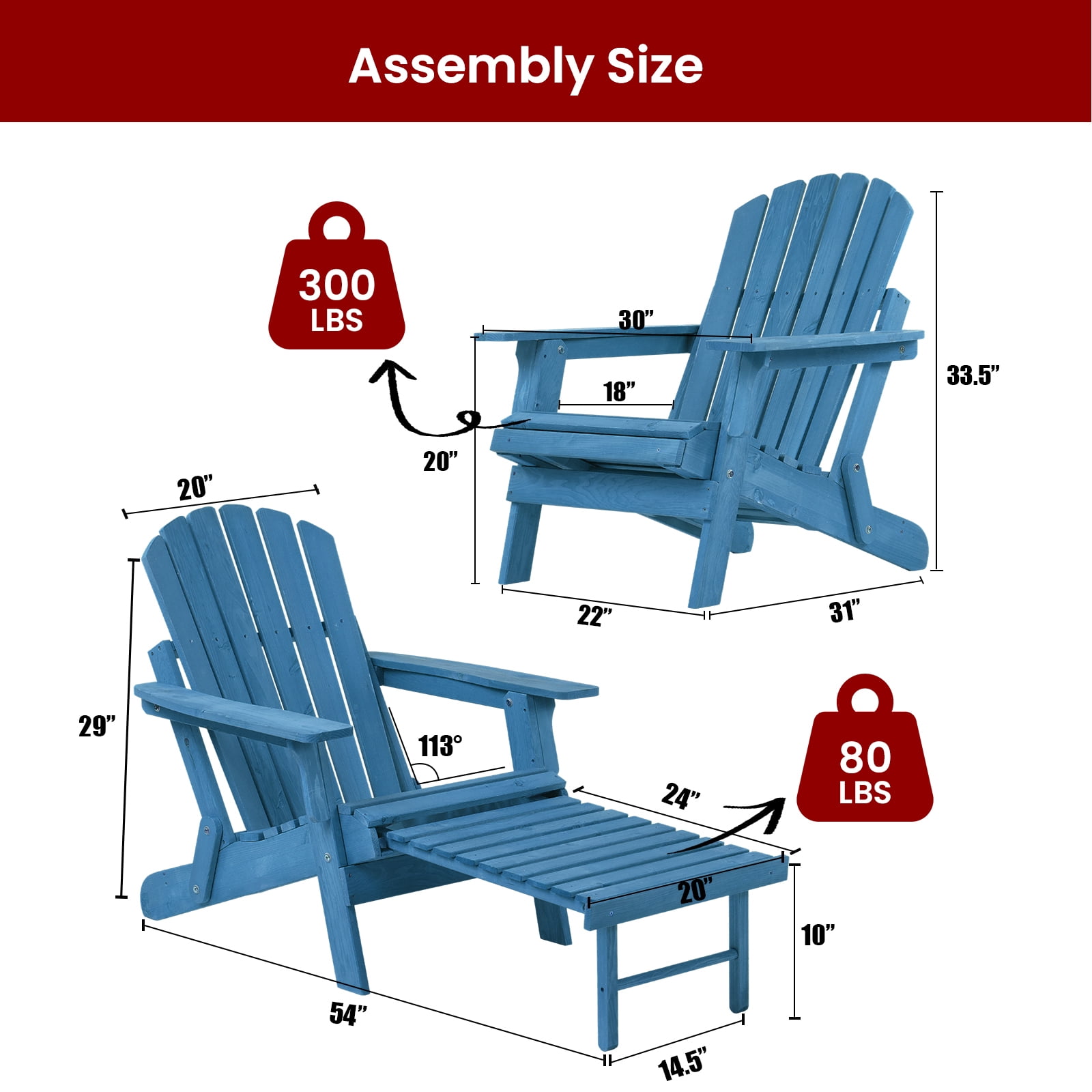 Easy4Home Larger Wooden Adirondack Chair Folding Patio Chair with Retractable Ottoman, Dark Blue