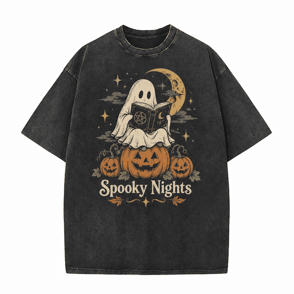 Greenink Halloween Men's Ghost Pumpkin Night T Shirt, Vintage Washed 100% Cotton Spooky Season Graphic Tee, Relaxed Short Sleeve Top for Fall Party Casual Wear