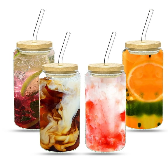 Rirool 4 Pcs 16oz Can Shaped Drinking Glasses with Bamboo Lids, Glass Straws & Brush – Beer, Iced Coffee, Whiskey, Soda, Cocktail Glass Cups