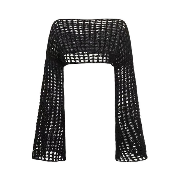Gibobby Playeras Deportivas Cárdigan de punto hueco con cuello redondo y manga larga de trompeta para mujer(Negro, M)