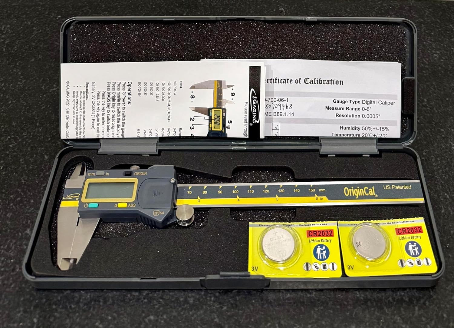 Absolute Origin 0-6" Digital Caliper, IP54 Stainless Steel, SPC/USB Output Port, Inch & Metric Modes, Case, Manual