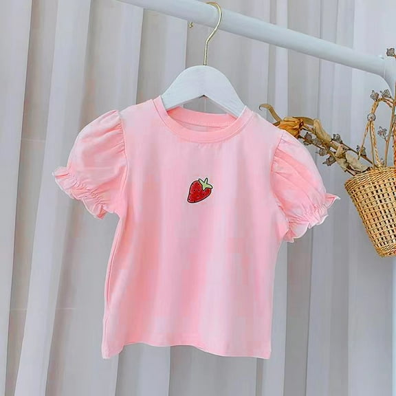 XIMIN Toddler Baby Girls New Shirts Puff Short Sleeve Strawberry Prints T-Shirt for Kids Soft Cotton Tees Clothes Summer Dance Tops (18-24 Months, Red)