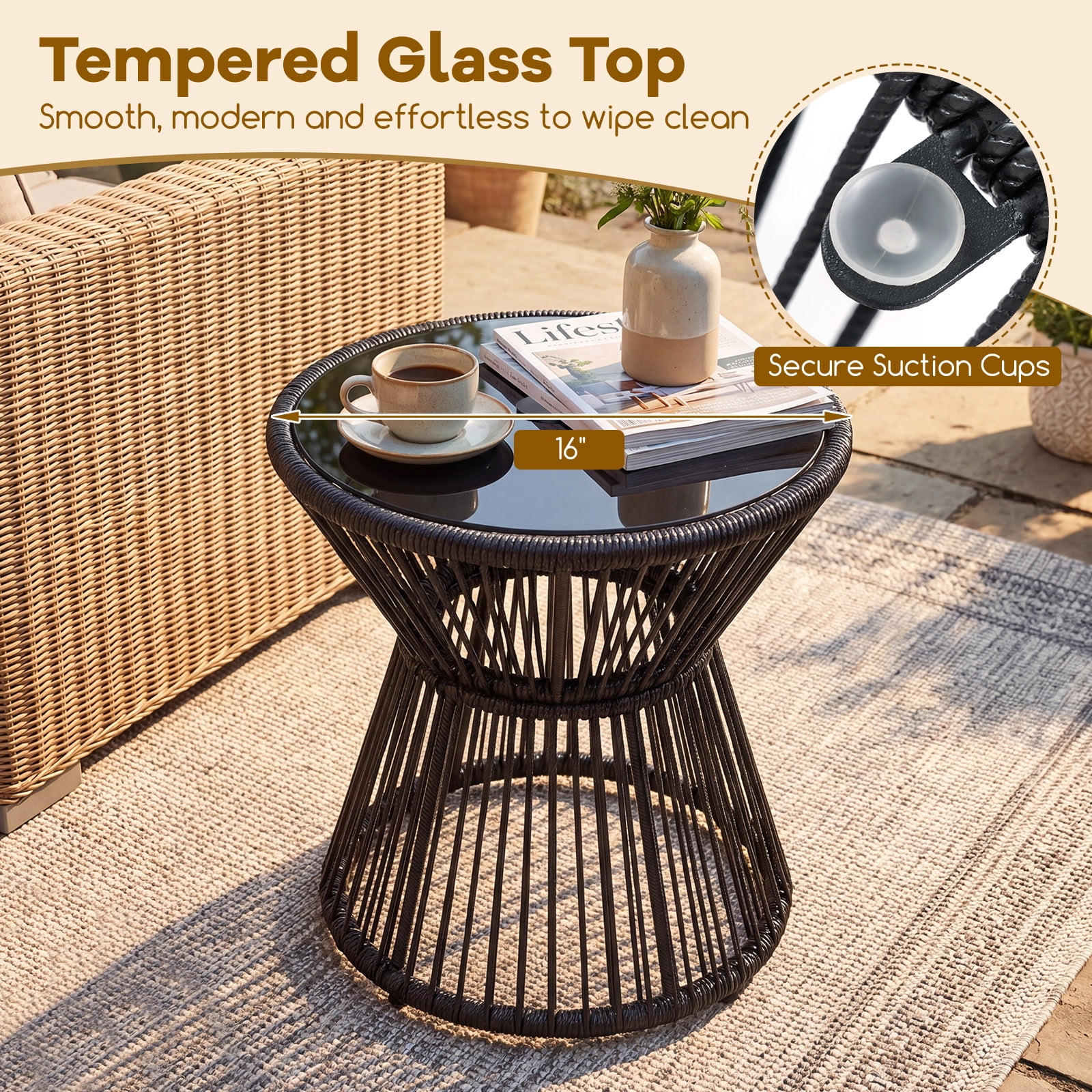 Gymax Outdoor Side Table w/ LED Warm Light PE Rattan Hourglass-Shaped End Table