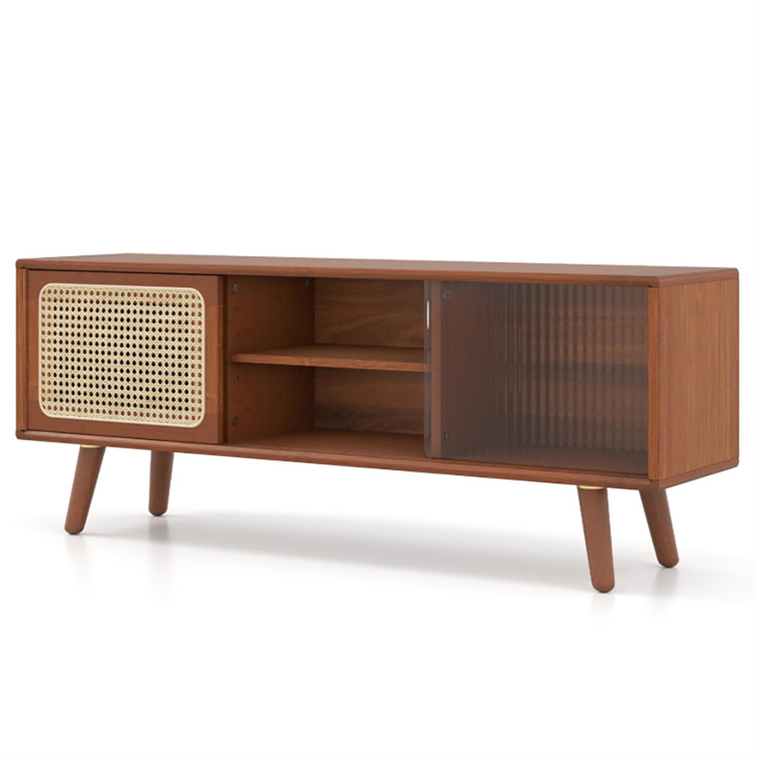 Demi Bonn TV Stand for 50" TVs, Entertainment Center with Rattan Glass Sliding Doors, Modern Media TV Console Table for Living Room Bedroom, Brown