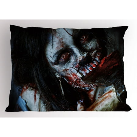 Zombie Pillow Sham Scary Dead Woman with a Bloody Axe Evil Fantasy Gothic Mystery Halloween Picture, Decorative Standard Size Printed Pillowcase, 26 X 20 Inches, Multicolor, by Ambesonne