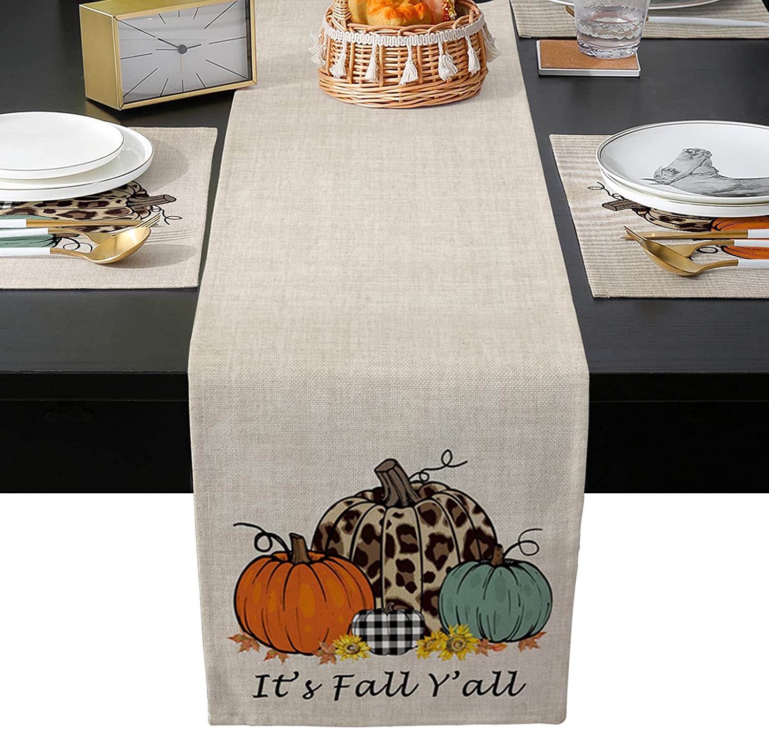 Thanksgiving Pumpkin C h Autumn Leaf Burlap Linen Table Runner and