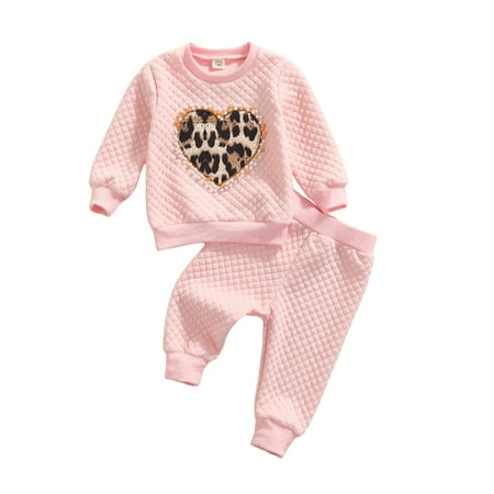 

Baby Girl Leopard Outfits Long Sleeve Heart Shaped Pullover Top Pants Tracksuit Clothes Fall Winter