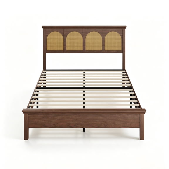 Boho Rattan Bed Frame with Wooden Platform – Queen Size, Woven Headboard, Mid-Century Footboard, Underbed Storage, Sturdy Slats, Easy Assembly, Walnut, QUEEN