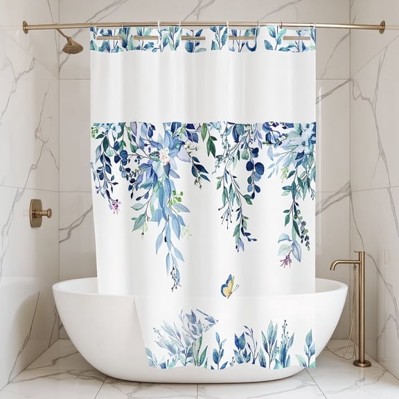 NIUBIER No Hook Shower Curtain with Snap in Liner Set, Blue Eucalyptus Leaf Butterfly Bath Curtain with Botanical Plant for Bathroom, 71"x74"